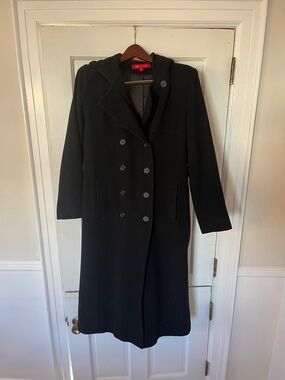 Anne Klein Black Double-Breasted Hooded Wool Pea Coat